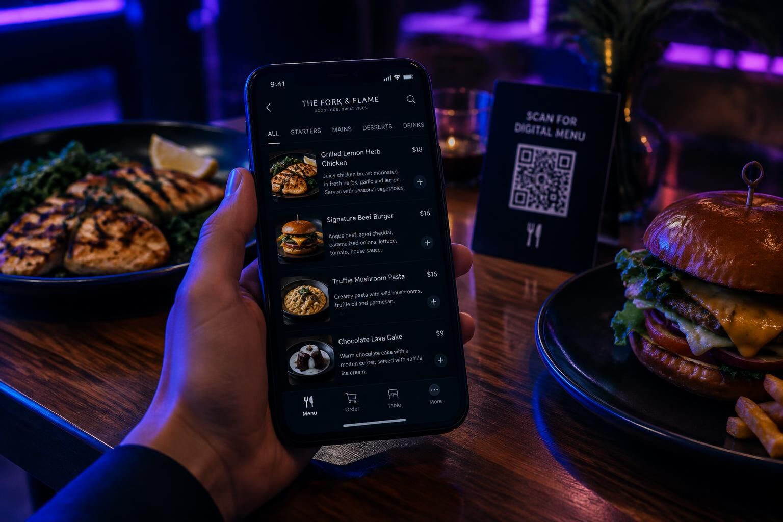 A customer browsing a digital menu on a phone at a restaurant table, next to a QR code stand